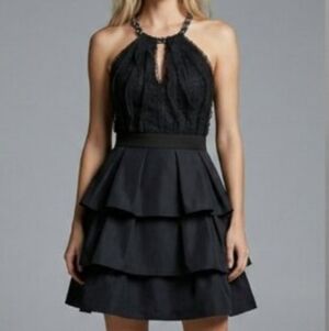 BCBGMaxAzria Black Silk Lace Tiered Mini Dress Size 6
